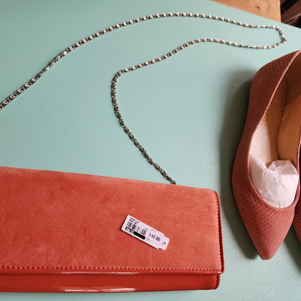 New Aldo Purse, Coral, Silver Chain, Cross Body. 11 × 4.25 inches